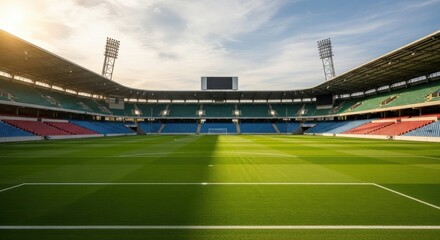 Fototapeta premium Spectacular Stadium View Showcasing Vibrant Green Field and Colorful Seating