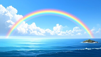 Idyllic scene of a vibrant rainbow arching over a tranquil blue ocean landscape