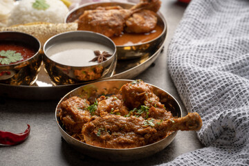 Chicken Kohlapuri is spicy Maharashtrian delicary of tender boneless chicken cooked with aromatic roasted ground spices and coconut. India food.