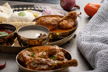 Chicken Kohlapuri is spicy Maharashtrian delicary of tender boneless chicken cooked with aromatic roasted ground spices and coconut. India food.