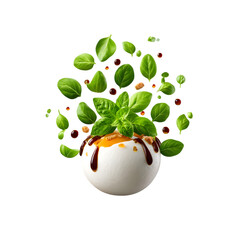 A single burrata ball bursting open mid-air, creamy center oozing out with a slow-motion effect, surrounded by micro basil leaves and droplets of balsamic glaze