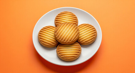 Five round, goldenbrown cookies with striped texture are arranged on a white plate against an orange background