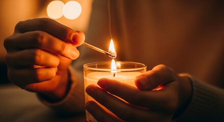 A close-up of delicate hands lighting a warm, glowing candle with a wooden match, creating a serene and inviting ambiance in a cozy, intimate setting