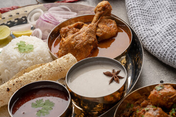Chicken Kohlapuri is spicy Maharashtrian delicary of tender boneless chicken cooked with aromatic roasted ground spices and coconut. India food.