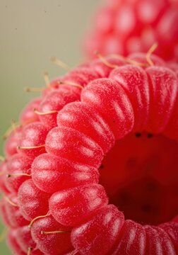 Close-Up of a Ripe Red Raspberry Against a Green Background