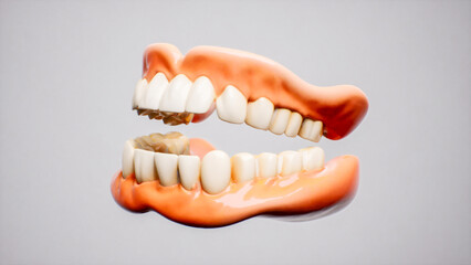 Realistic 3D rendering of upper and lower dentures with gums