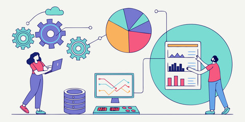 Data analysis and business intelligence concept with people and charts