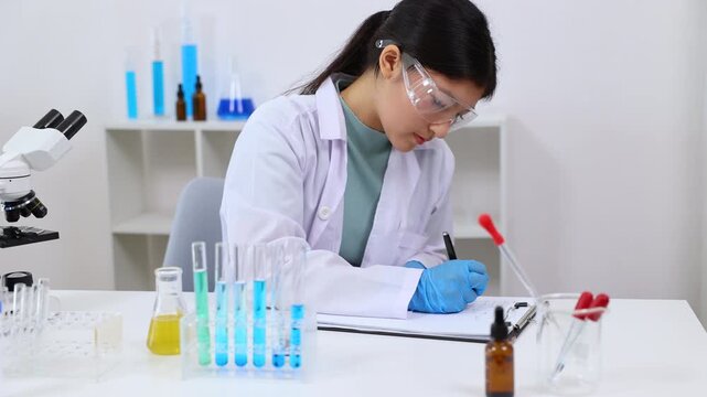 Asian female science student in lab coat writes notes in a laboratory notebook while analyzing experiment, engaging in science, laboratory, scientist, experiment, and research documentation.