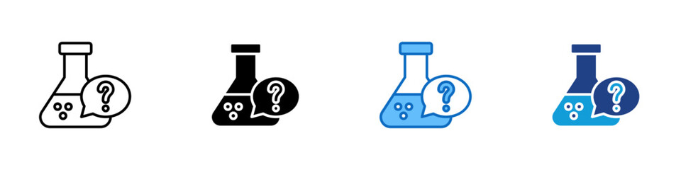 Lab Question Multiple Style Icon Sheet Design Vector - Flask with speech bubble and question mark, symbolizing scientific inquiry, hypothesis, or lab doubt