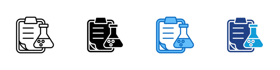 Lab Report Multiple Style Icon Sheet Design Vector - Clipboard with laboratory flask, representing chemical experiments, lab documentation, or scientific research
