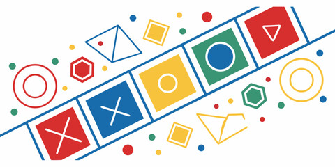 Diagonal line of colorful geometric shapes and dots, abstract background