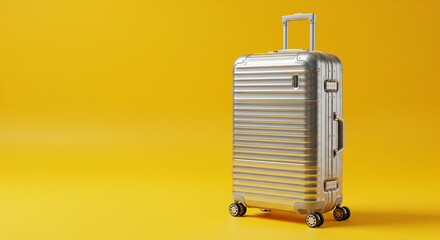 A shiny silver suitcase with wheels stands against a vibrant yellow background, ready for travel and adventure