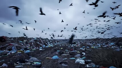 A flock of birds takes flight over a sprawling landfill site under a cloudy sky at dusk