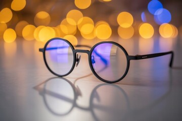 Stylish round matte black glasses with blue reflection resting on a reflective surface with bokeh lights