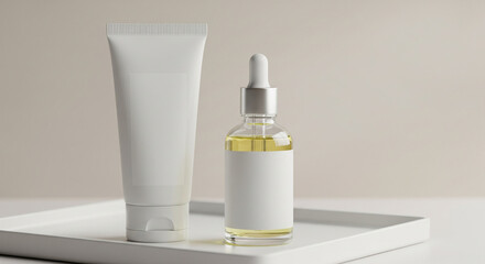 A minimalist composition featuring a white squeeze tube and a clear glass dropper bottle filled with golden serum, presented on a white tray