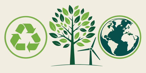 Recycling symbol, tree, wind turbine, and earth