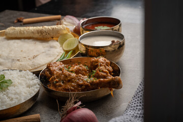 Chicken Kohlapuri is spicy Maharashtrian delicary of tender boneless chicken cooked with aromatic roasted ground spices and coconut. India food.