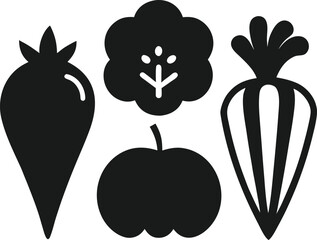 Collection of Whimsical Vegetable and Fruit Illustrations a Charming Still Life Featuring Carrots Radishes Apples and Trees