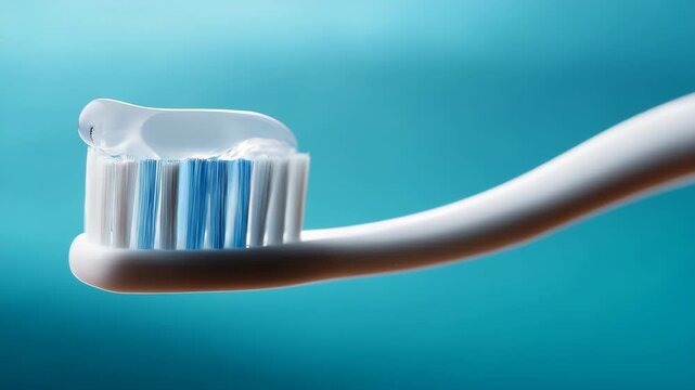 A toothbrush with toothpaste on it. The toothpaste is blue and white
