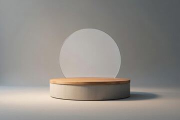 Minimalist podium with wooden top and frosted oval backdrop