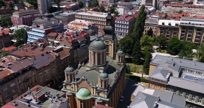 The Cathedral Of The Nativity Of The Theotokos (or Saborna Crkva) In Sarajevo, Bosnia and Herzegovina - Aerial Drone Shot