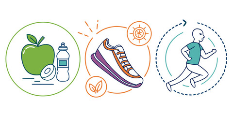 Healthy lifestyle icons apple, running shoe, and runner