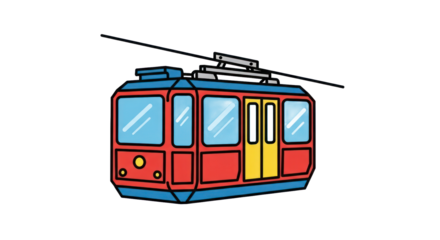 Illustrated tram car in cartoon style on a transparent background