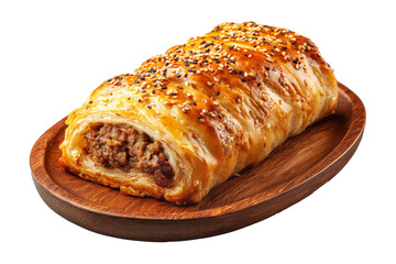 Australia Sausage roll puff pastry filled with minced meat on wooden plate isolated on white transparent background, concept of baked snack or meal