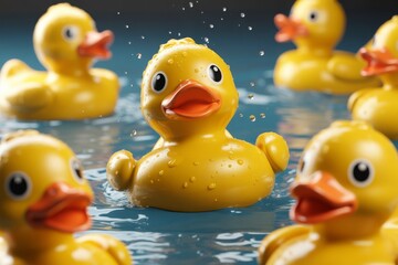 Many cheerful yellow rubber ducks floating in bubbly water fun playful bath time