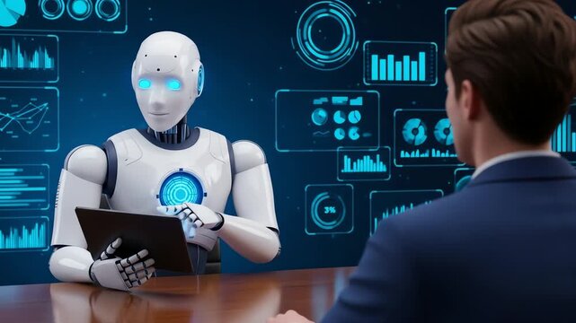 Robot And Businessman Meeting Digital Interface