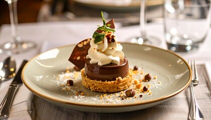 Exquisite chocolate dessert with creamy topping and stylish plate presentation