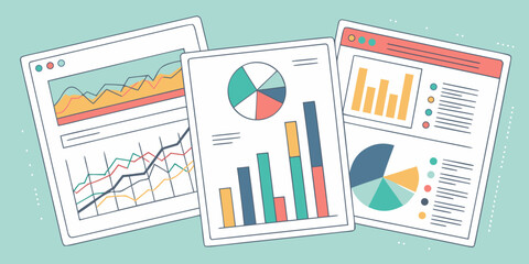Collection of financial charts and graphs on paper