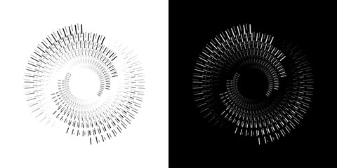 Dynamic abstract spiral sound wave rhythm lines. Circular spiral sound wave rhythm of lines. Circular futuristic abstract lines, black and white background.	
