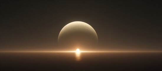 Large moonrise behind light-streaked horizon over calm water