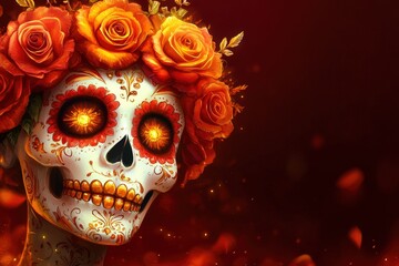 A vibrant depiction of a sugar skull adorned with fiery orange roses, showcasing intricate details and a captivating aura.
