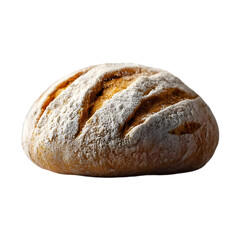 A raw ball of handmade pizza dough with surface cracks and flour coating, surrounded by airborne flour particles frozen mid-motion, high-resolution texture and soft shadows