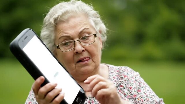 Grandma's funny reaction looking at her new smartphone with a blank screen, perfect for digital marketing and social media ads showing app demos and mobile technology