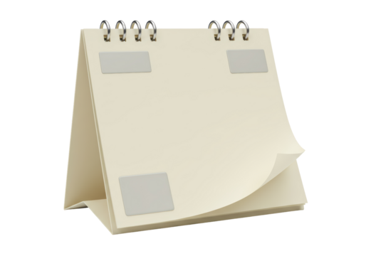 Isolated blank calendar mockup with flip over pages, desktop reminder, office supplies