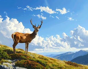 Fototapeta premium Majestic Red Deer Stands Proudly in a Breathtaking Mountain Vista