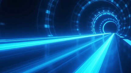 Obraz premium Futuristic tunnel with blue light trails and glowing neon lines