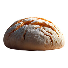 A raw ball of handmade pizza dough with surface cracks and flour coating, surrounded by airborne flour particles frozen mid-motion, high-resolution texture and soft shadows