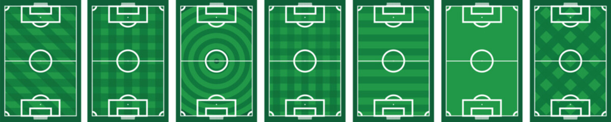 Vector illustration set of soccer fields with multiple grass designs. Standard size layout for sports graphics, tactics boards, and creative design projects. © Wasarat