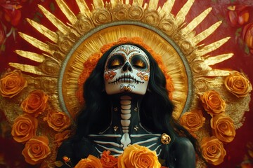 Obraz premium A serene depiction of a female figure adorned with intricate skull makeup and surrounded by vibrant orange flowers, evoking a sense of peace and beauty in a halo-like arrangement of gold.