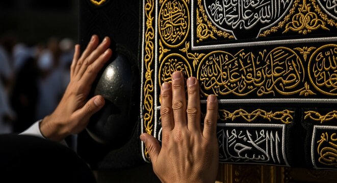 Hands Touching the Embroidered Kaaba Cloth with Islamic Calligraphy