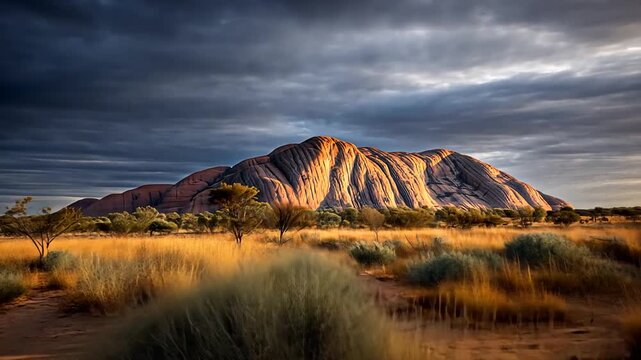 A dramatic, stormy sky looms over a massive sandstone monolith rising from a vast, arid desert landscape dotted with sparse vegetation during a golden sunset.