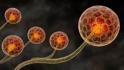 A detailed 3d illustration of several glowing, cellular structures, showcasing intricate patterns and warm tones against a dark backdrop.