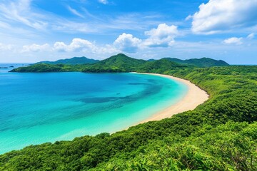 Fototapeta premium Serene Tropical Beach Landscape with Clear Blue Water and Green Hills