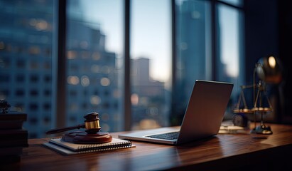 Law office desk at night with laptop, gavel, and scales