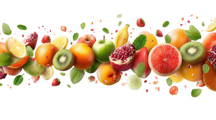 Floating Colorful Fresh Fruits and Mint on Black Background