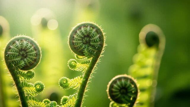 Vibrant Green Fiddlehead Ferns Unfurling Close Up